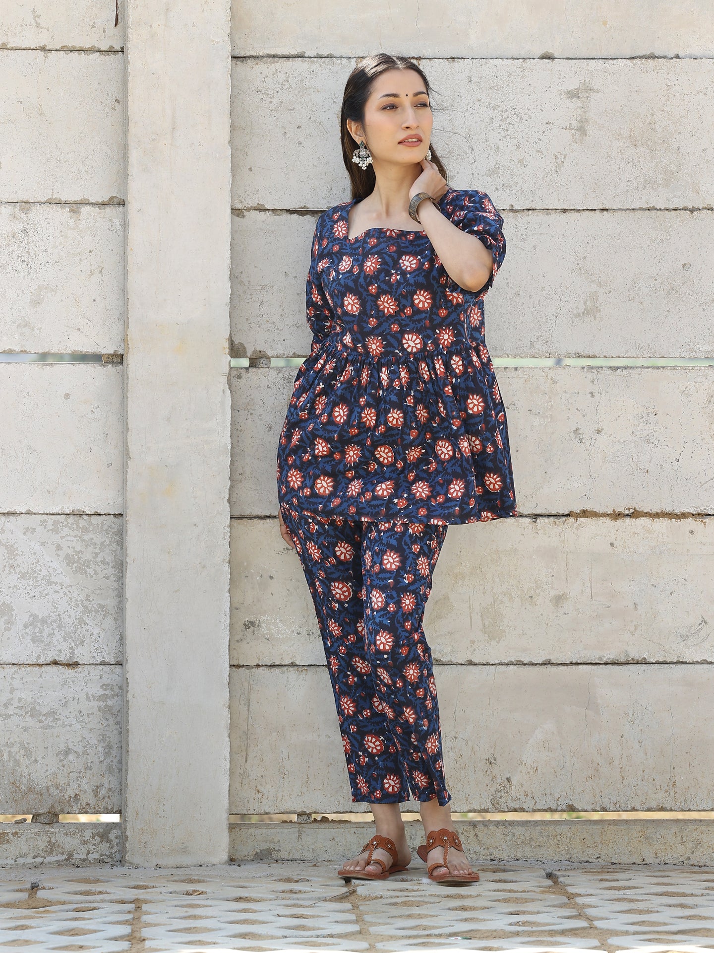 Navy Cotton Hand Block Bagru Printed Cotton CO-ORD Set with Elasticated Sleeve